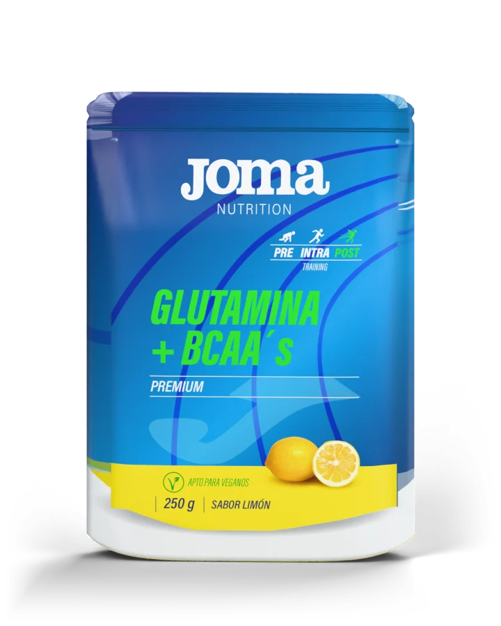 Envase de Glutamina + BCAA’s Premium visto de frente